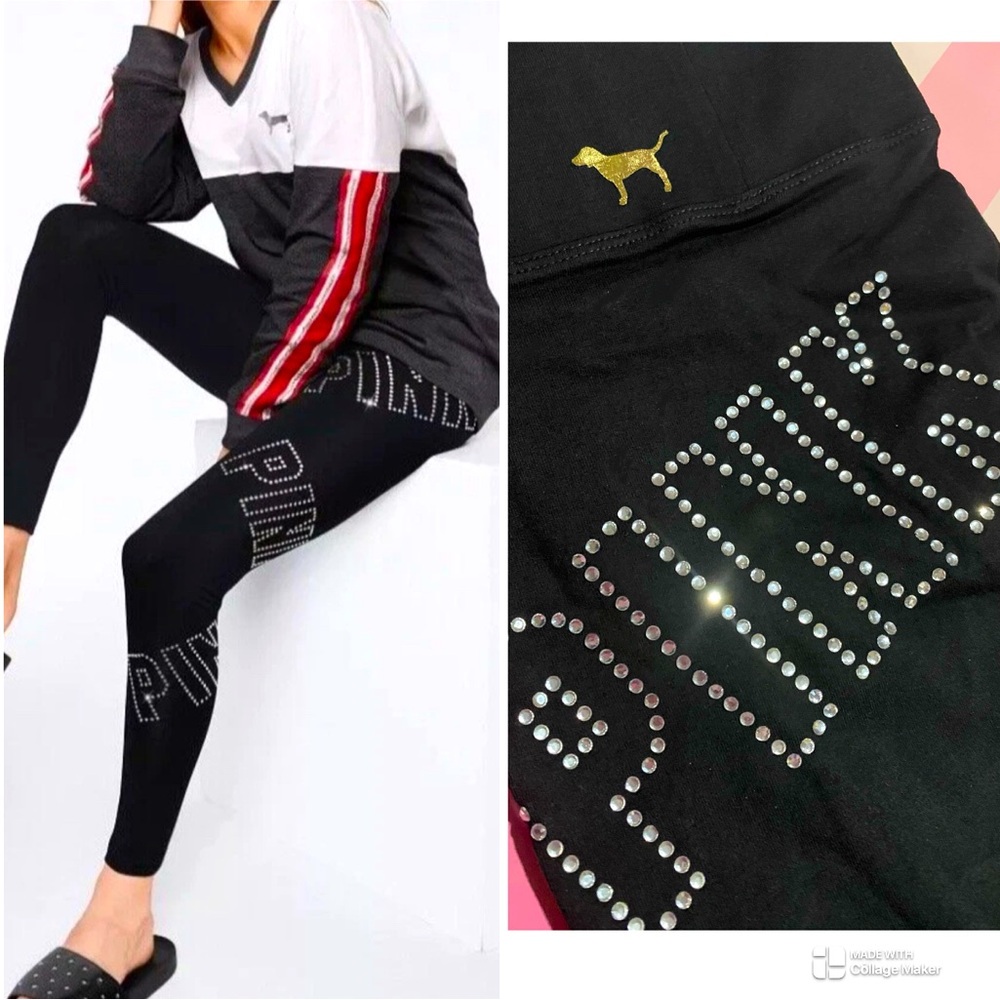 NEW Victoria's Secret PINK Bling Yoga Leggings Black Cotton pink leggings logo